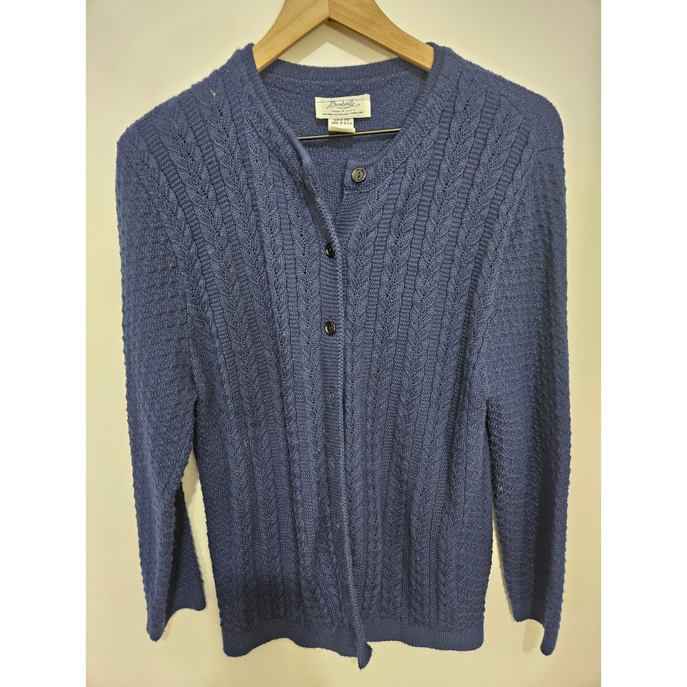 Vintage Brookville Blue Knit Cardigan Sweater Made in USA Large Womens Cable Kni